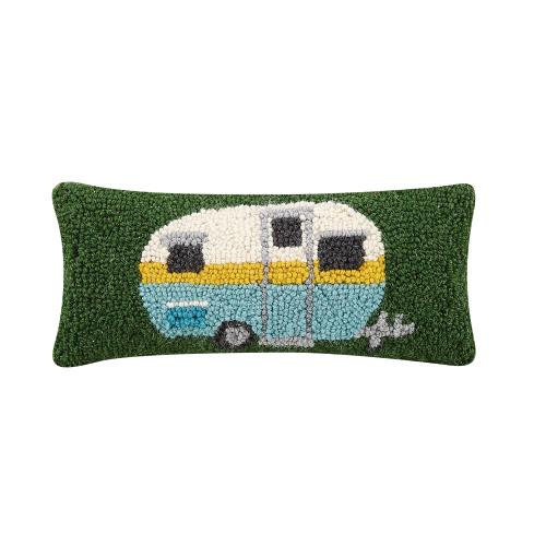 Camper Hooked Wool Throw Pillow, 12x5 inch, front view