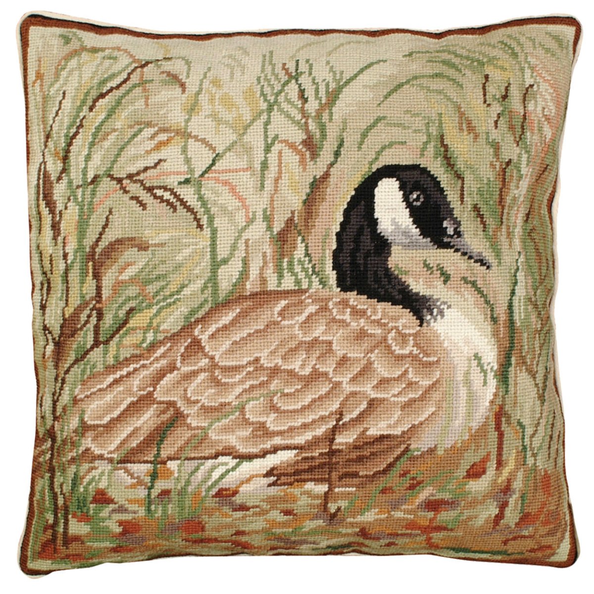 Canada Goose needlepoint throw pillow with rustic nature wildlife lodge design