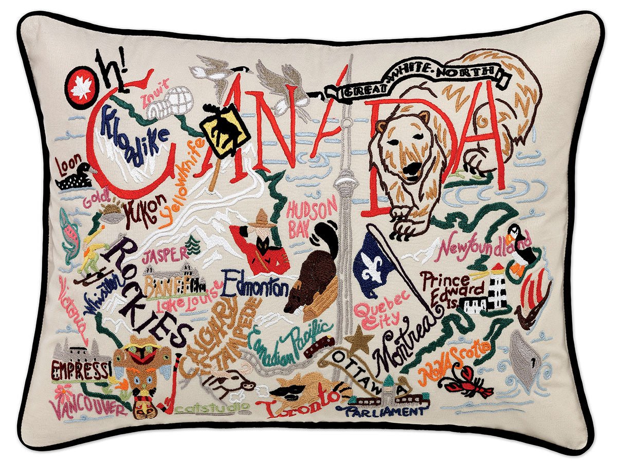 Canadian Maple Leaf hand-embroidered throw pillow showcasing iconic landmarks