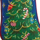 Closeup of Candy Cane Garland Christmas Tree Embroidered Needlepoint Stocking showing stitch texture and craftsmanship detail