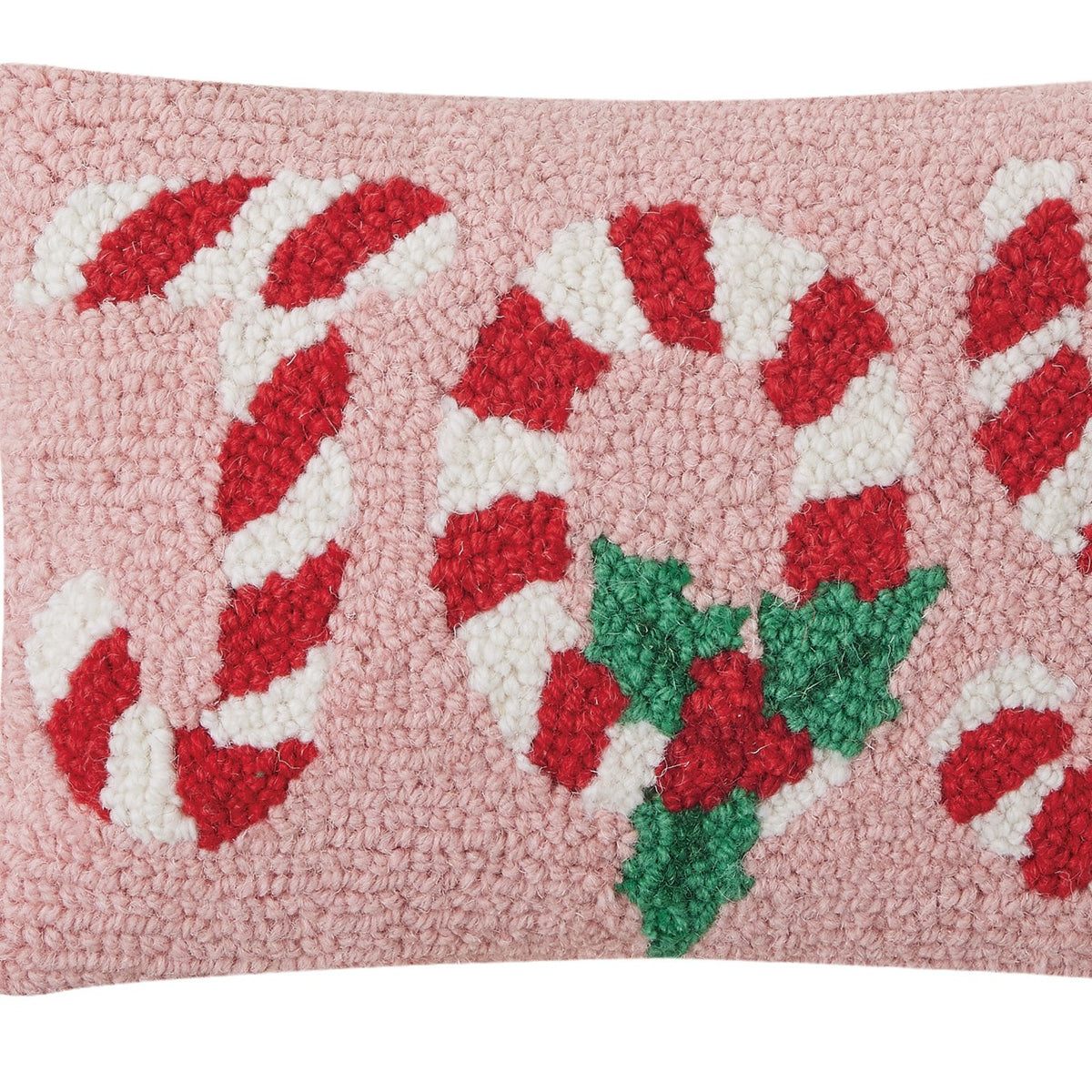 Candy Cane Joy Hooked Wool Christmas Throw Pillow, close-up detail