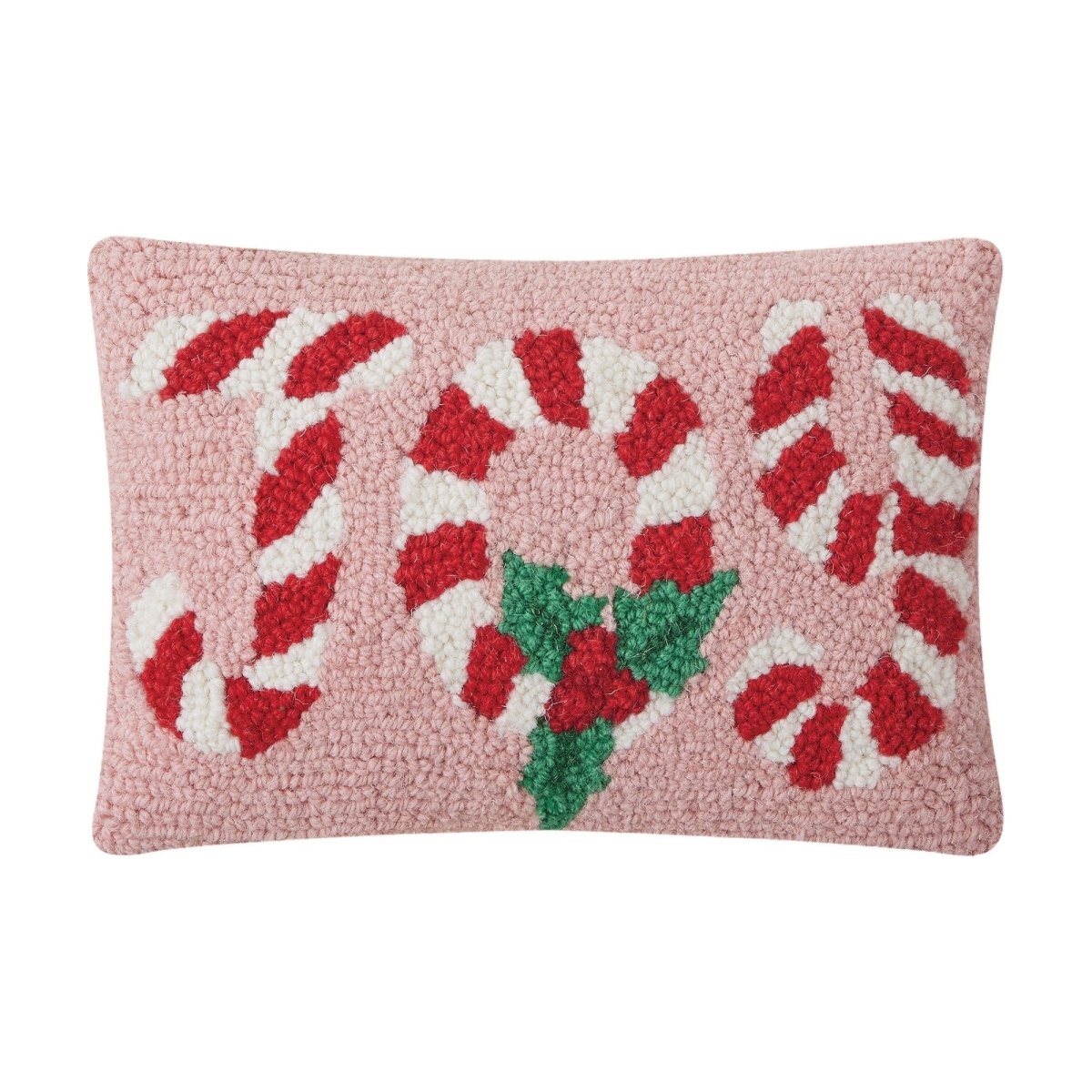 Candy Cane Joy Hooked Wool Christmas Throw Pillow, 8x12 inch, front view