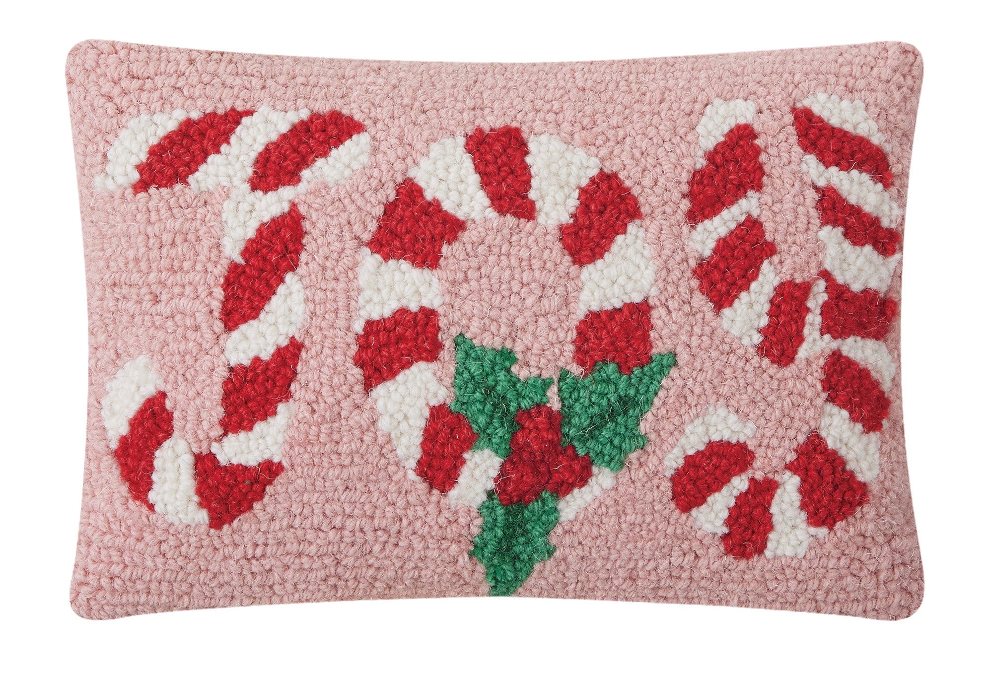 Candy Cane Joy Hooked Wool Christmas Throw Pillow, 8x12 inch, front view