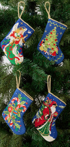 Candy Cane Mini Embroidered Needlepoint Christmas Stocking shown alongside other designs in the same collection, 6x4 inch