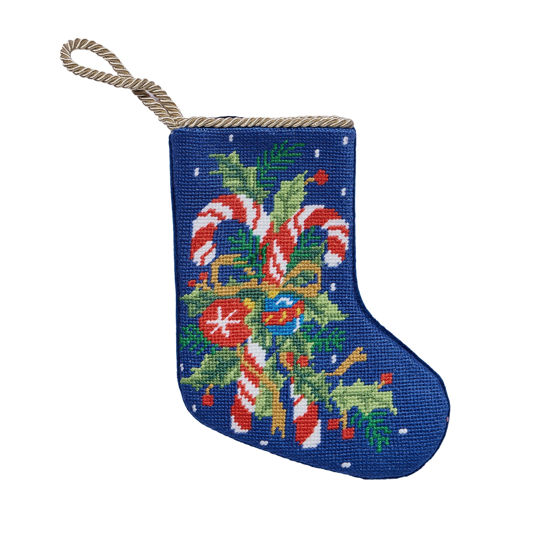 Candy Cane Mini Embroidered Needlepoint Christmas Stocking, 6x4 inch, front view