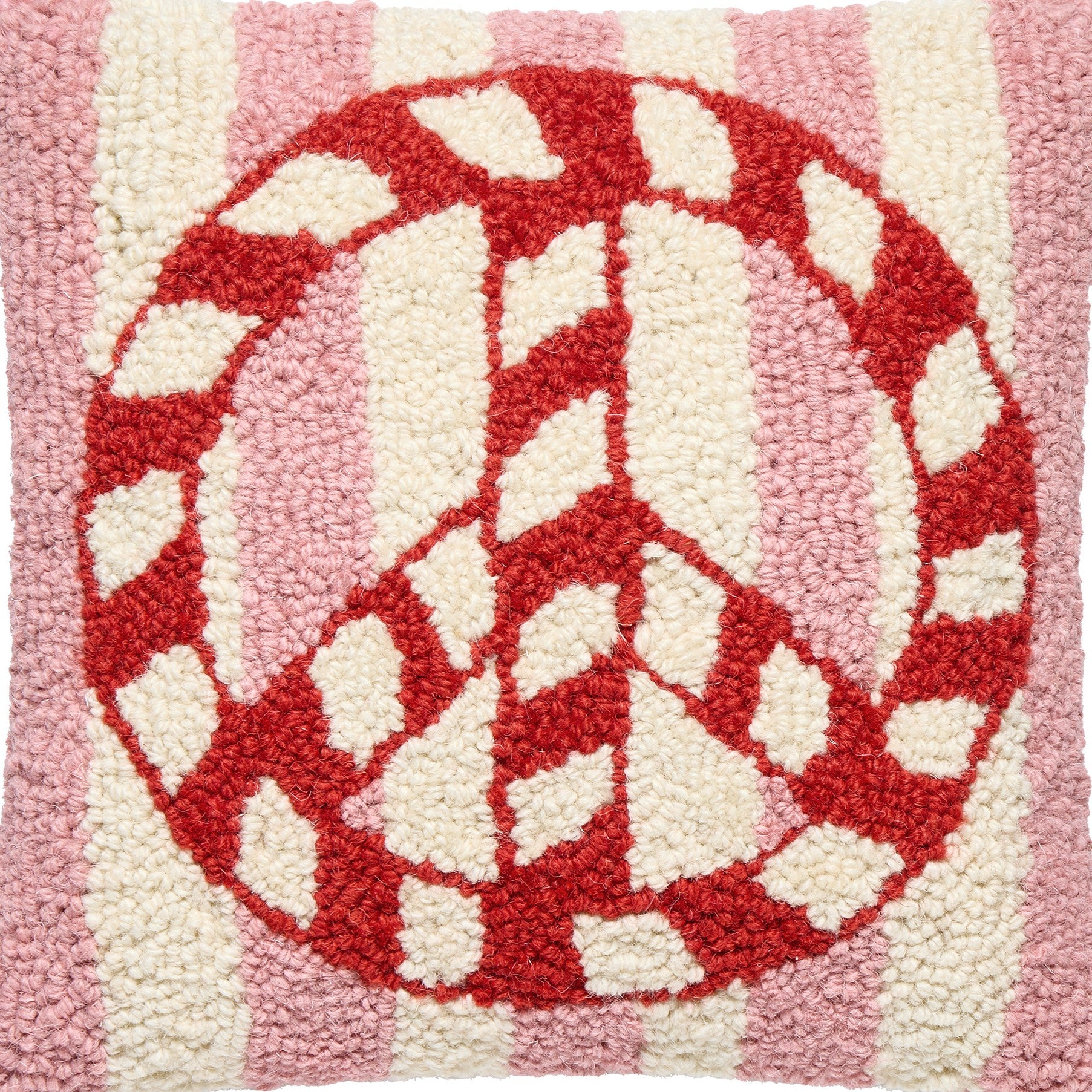 Candy Cane Peace Stripe Hooked Wool Christmas Throw Pillow, close-up detail