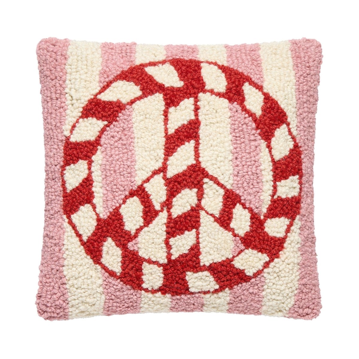 Candy Cane Peace Stripe Hooked Wool Christmas Throw Pillow, 10x10 inch, front view