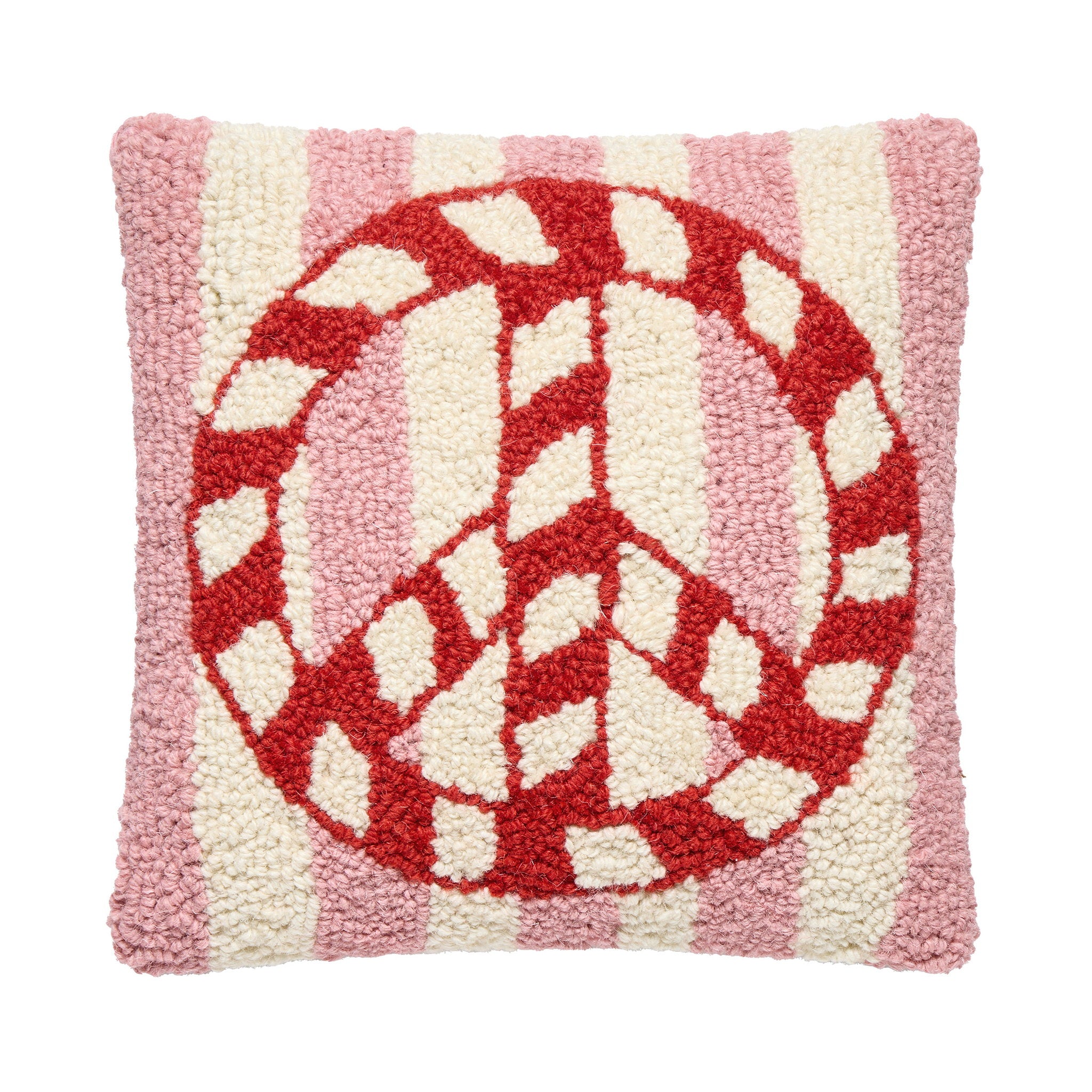 Candy Cane Peace Stripe Hooked Wool Christmas Throw Pillow, 10x10 inch, front view