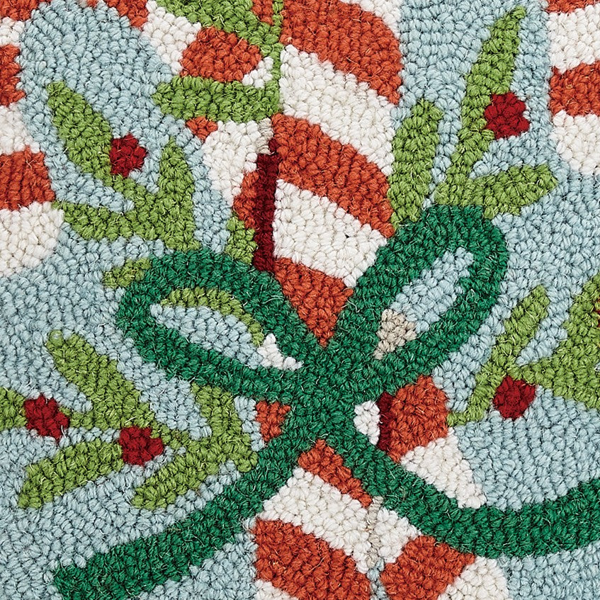 Candy Canes Hooked Wool Christmas Throw Pillow, close-up detail