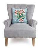 Candy Canes Hooked Wool Christmas Throw Pillow on an armchair, showing the throw pillow at room scale, 16x16 inch