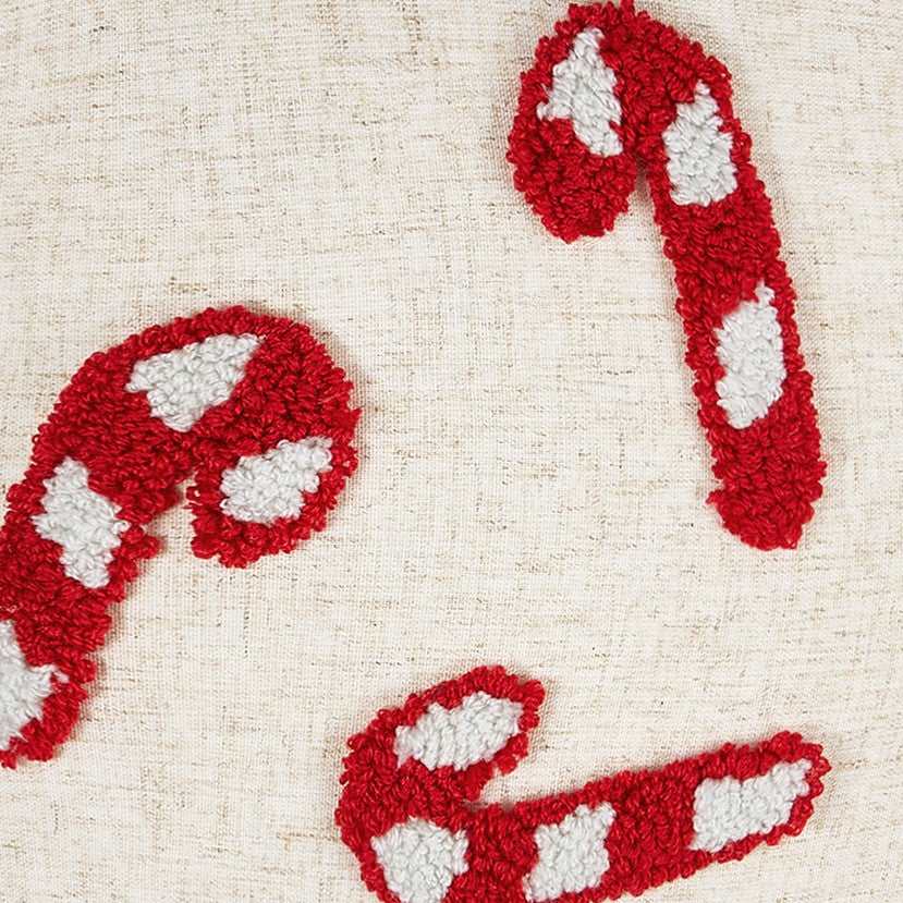Candy Canes with Tassels Hooked Christmas Throw Pillow, close-up detail