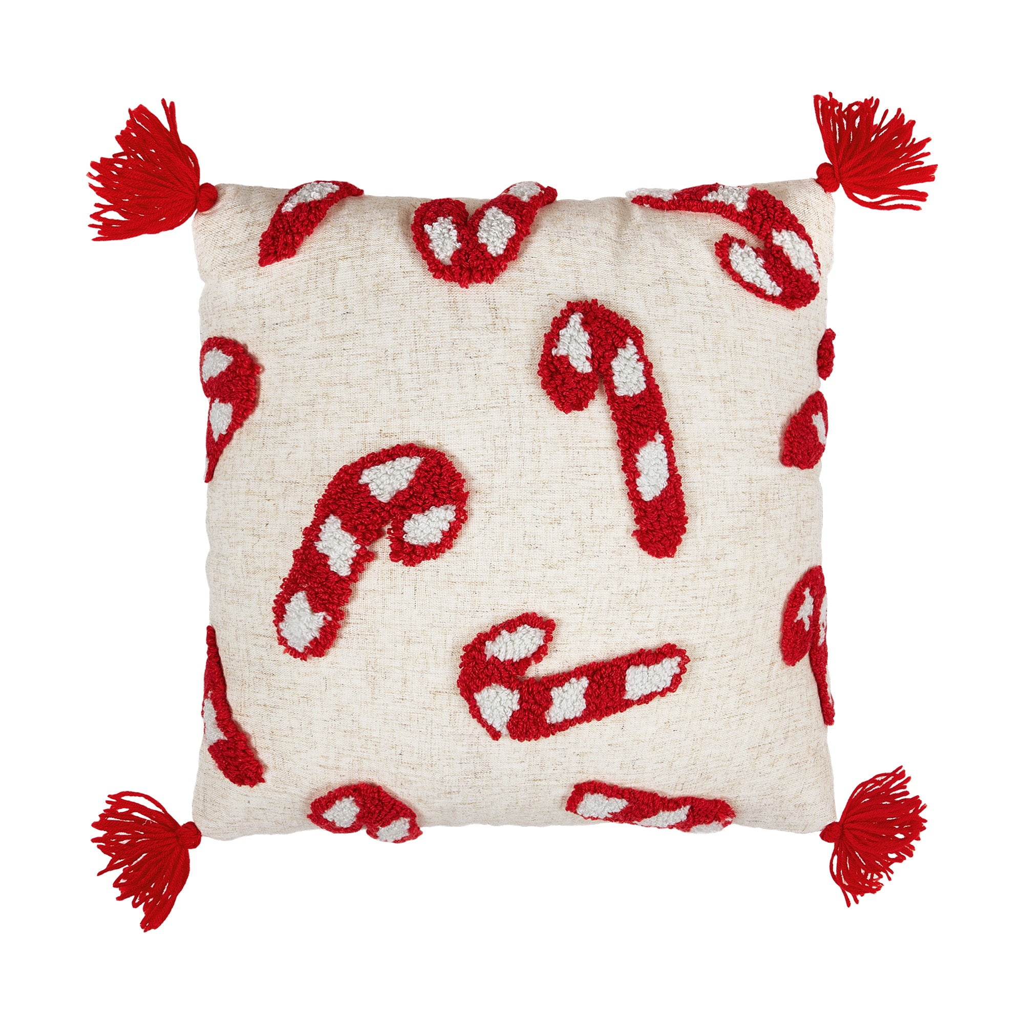 Candy Canes with Tassels Hooked Christmas Throw Pillow, 16x16 inch, front view
