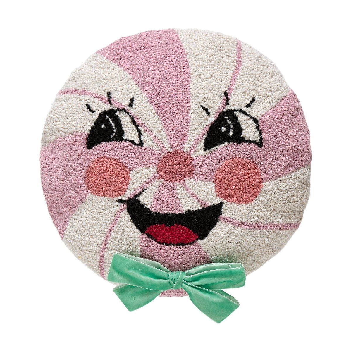 Candy Man with Bow Hooked Wool Christmas Throw Pillow, 16x16 inch, front view