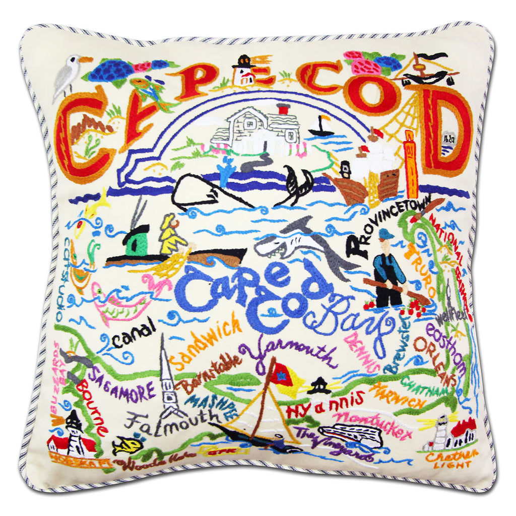 Cape Cod Beachfront embroidered throw pillow with beach design.