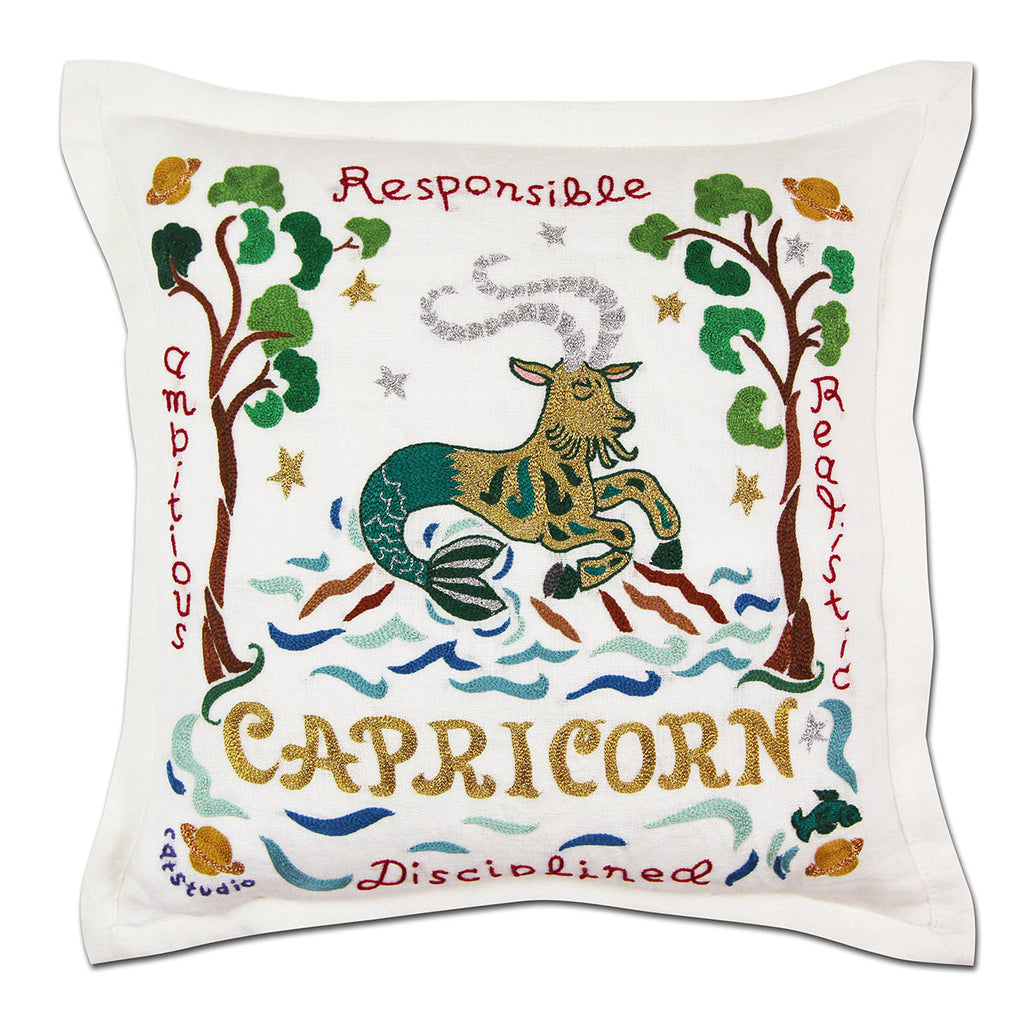 Capricorn Earth Sign Astrology embroidered throw pillow with zodiac sign.