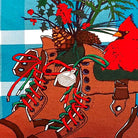 Closeup of Cardinal Winter Boots needlepoint throw pillow highlighting hand-stitched wool craftsmanship and fabric detail