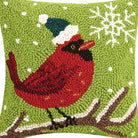 Cardinal with Snowflake Hooked Wool Christmas Throw Pillow, close-up detail