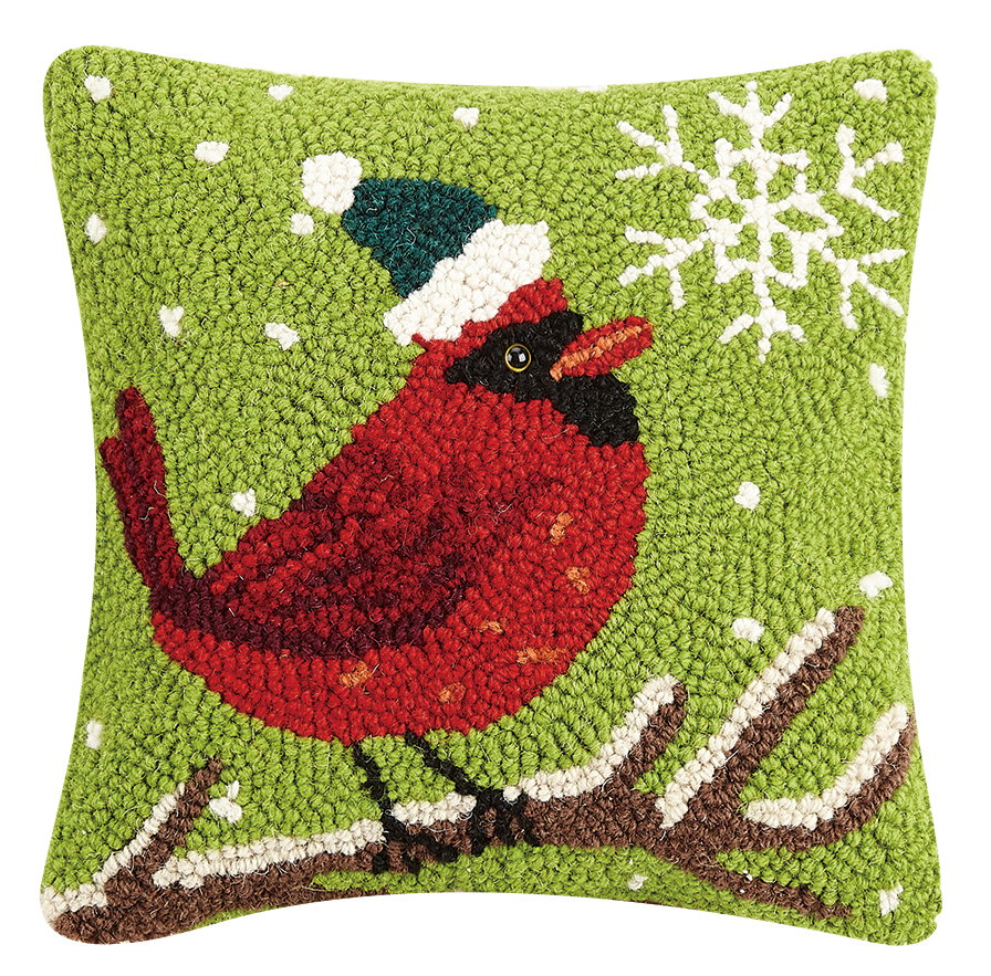 Cardinal with Snowflake Hooked Wool Christmas Throw Pillow, 10x10 inch, front view
