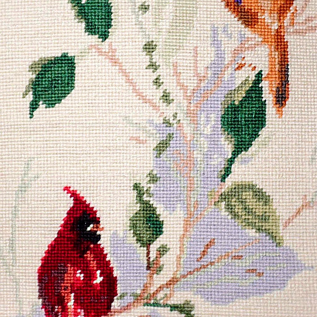 Closeup of Cardinals Wildlife Bird needlepoint throw pillow highlighting hand-stitched wool craftsmanship and fabric detail