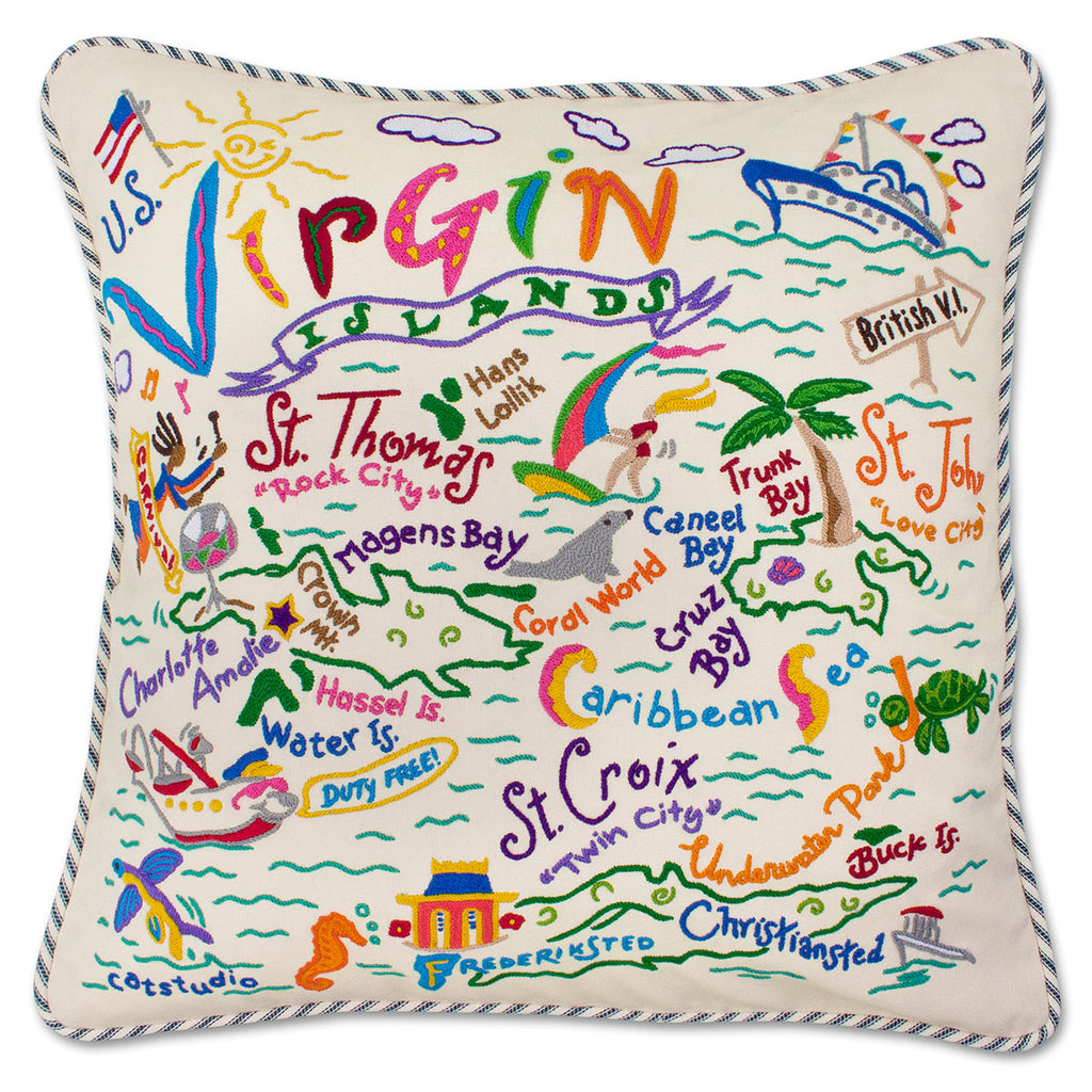 Caribbean Virgin Islands Tropical World embroidered throw pillow with island design.
