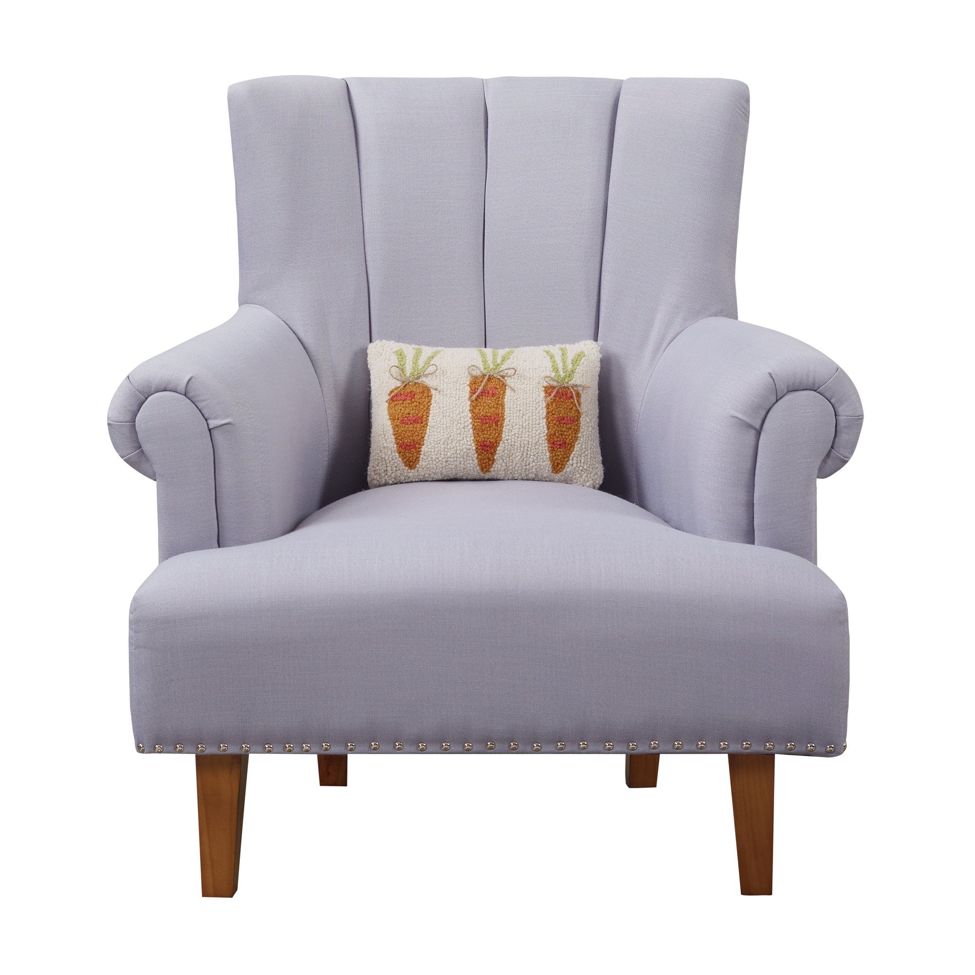 Carrots Hooked Wool Throw Pillow on an armchair, showing the throw pillow at room scale, 8x12 inch