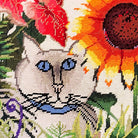 Cat In The Garden pillow fabric closeup showing hand-embroidered needlepoint wool texture and color detail