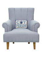 Cat Person Hooked Wool Throw Pillow on an armchair, showing the throw pillow at room scale, 8x12 inch