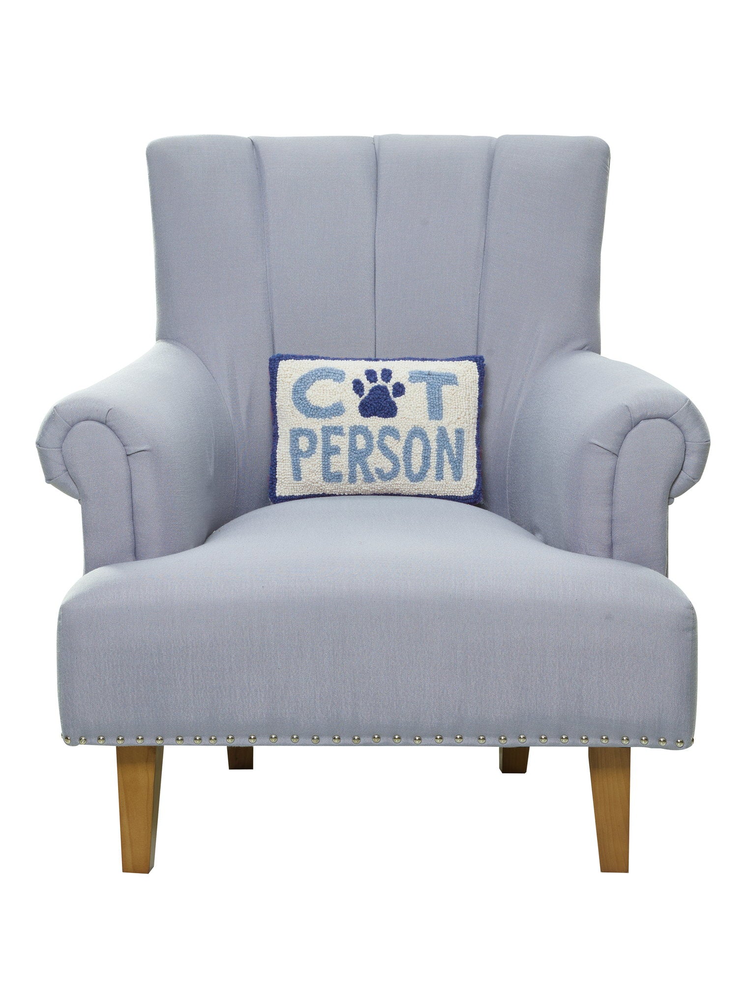 Cat Person Hooked Wool Throw Pillow on an armchair, showing the throw pillow at room scale, 8x12 inch