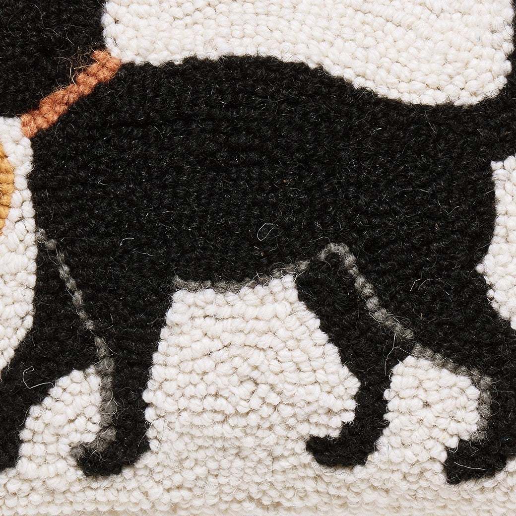 Cat with Pumpkin Hooked Wool Fall Harvest Throw Pillow, close-up detail