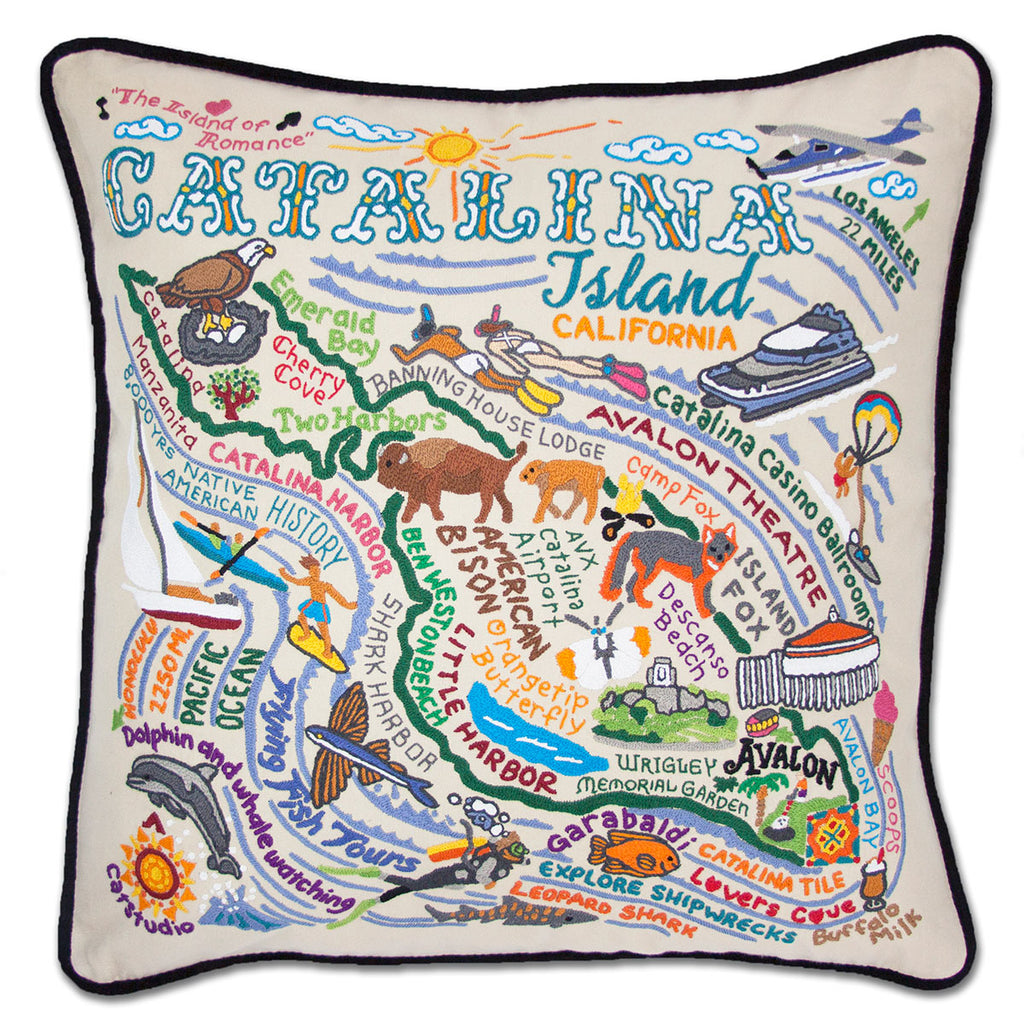 Catalina Island embroidered throw pillow with island imagery.