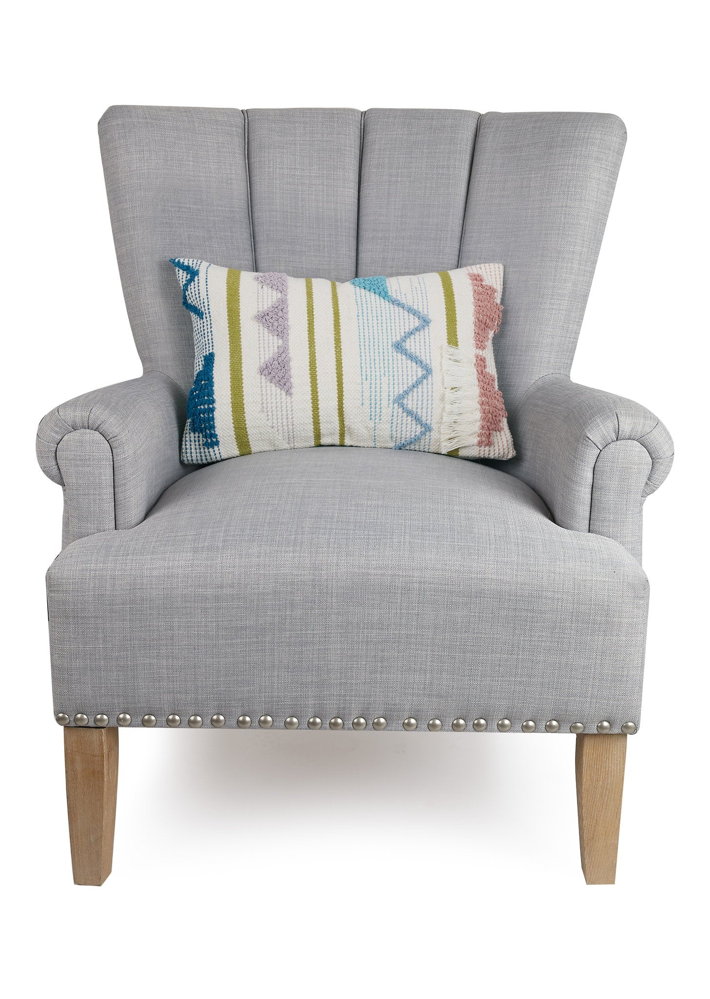 Cayden Decorative Woven Throw Pillow on an armchair, showing the throw pillow at room scale, 12x18 inch