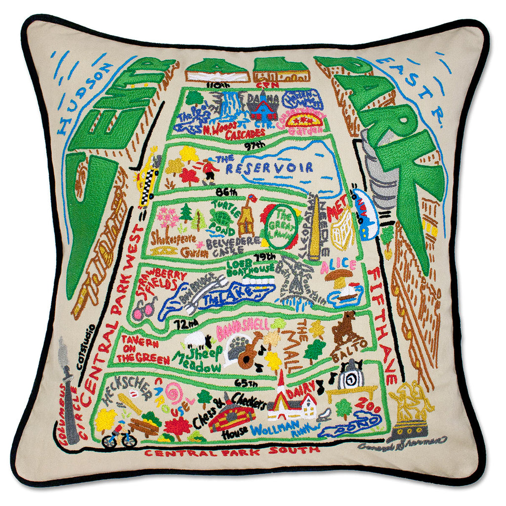 Central Park, NY Scenic embroidered throw pillow with park scenery.
