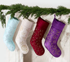 Champagne Foliage Velvet Embroidered Christmas Stocking, 12x20 inch, four stockings in aqua, ivory, red and purple