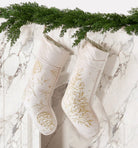 Champagne Tree Velvet Embroidered Christmas Stocking styled in a room setting, 12x20 inch