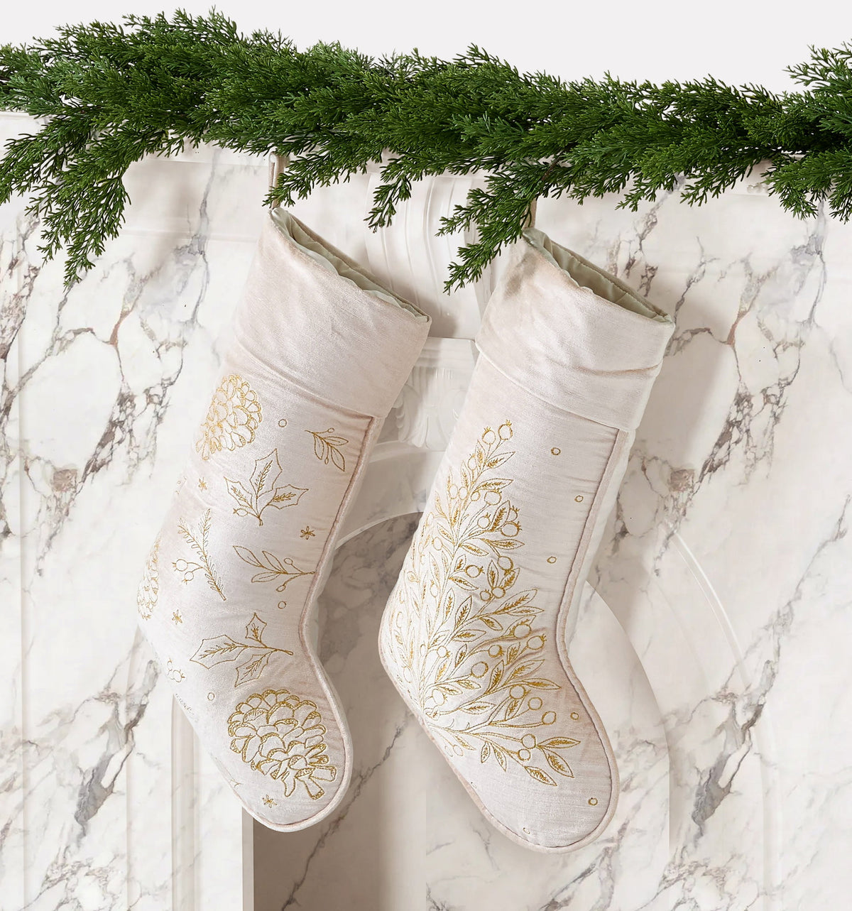 Champagne Tree Velvet Embroidered Christmas Stocking styled in a room setting, 12x20 inch