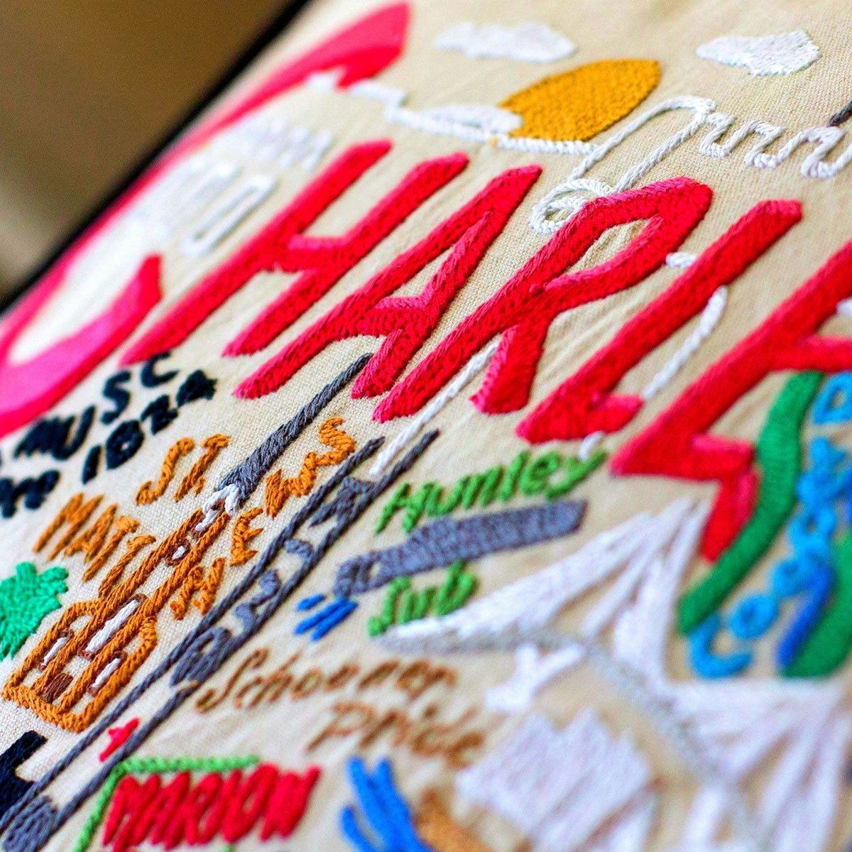 Charleston, SC Historic Port Embroidered Travel Pillow - close-up detail of hand-embroidered needlepoint stitching