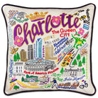 Charlotte, NC Queen City hand-embroidered throw pillow showcasing iconic landmarks