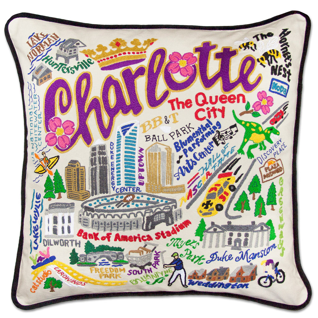 Charlotte, NC Queen City embroidered throw pillow with cityscape.