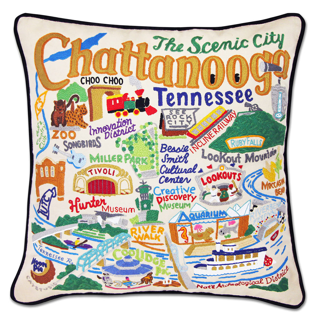 Chattanooga, TN River City embroidered throw pillow with riverfront design.