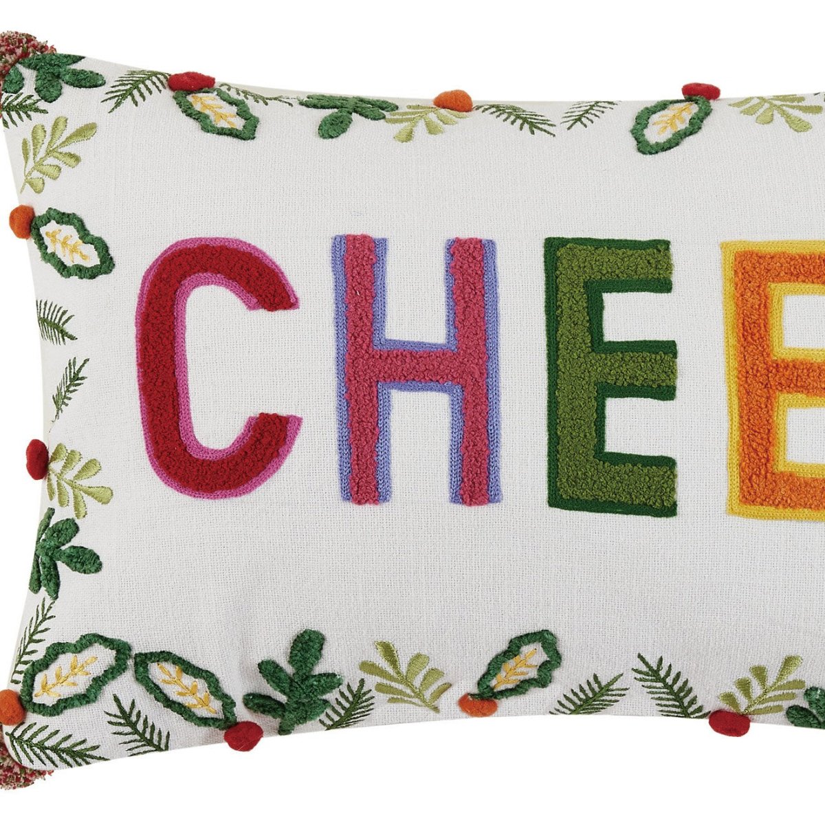 Cheer with Poms Embroidered Christmas Throw Pillow, close-up detail