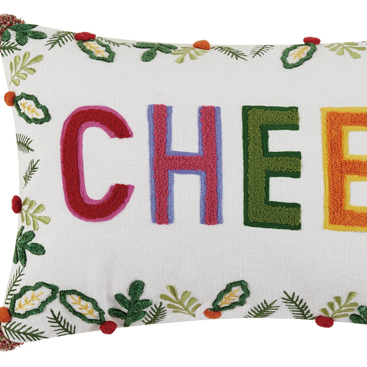 Cheer with Poms Embroidered Christmas Throw Pillow, close-up detail
