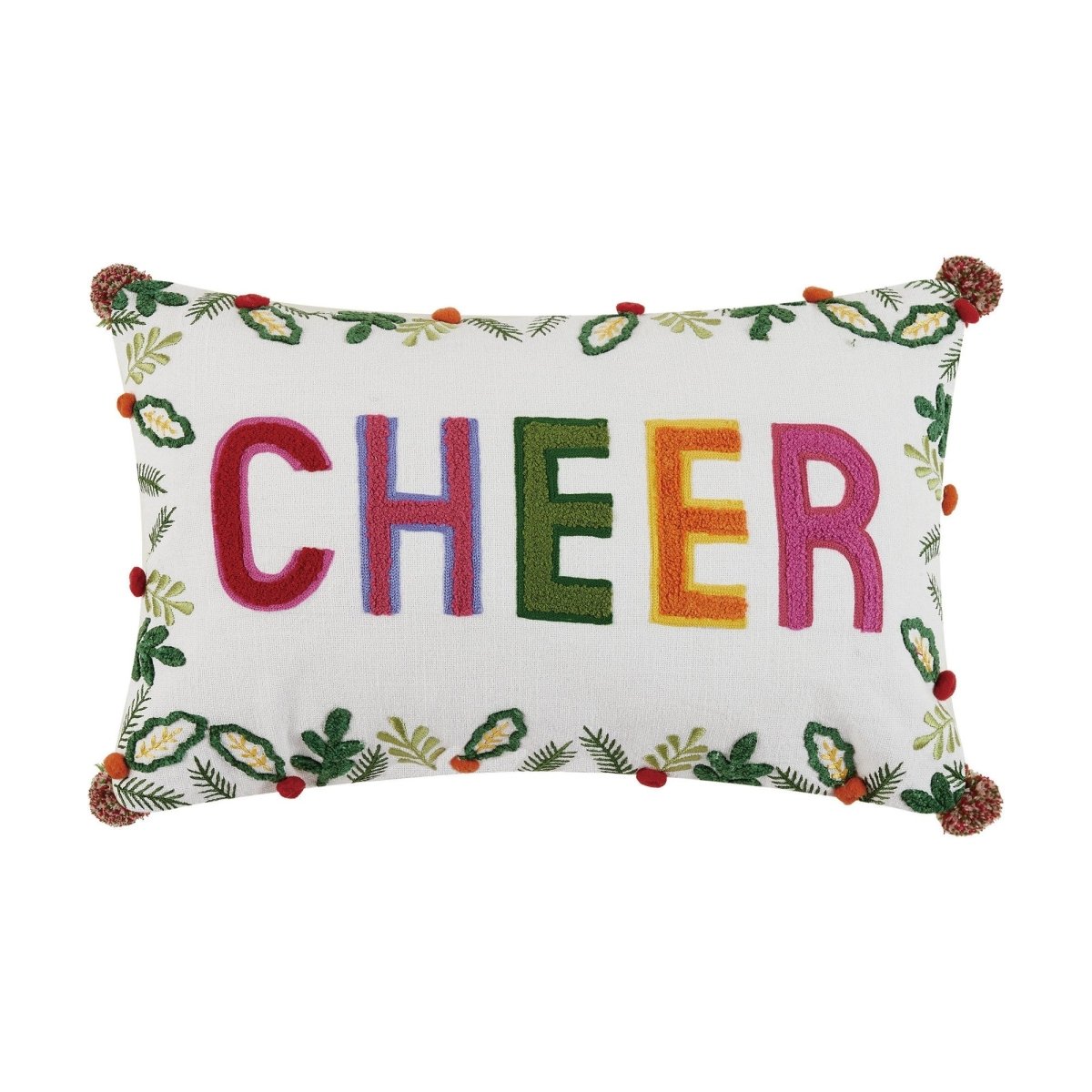 Cheer with Poms Embroidered Christmas Throw Pillow, 12x18 inch, front view