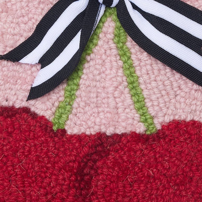 Cherries with Ribbon Hooked Wool Throw Pillow, close-up detail