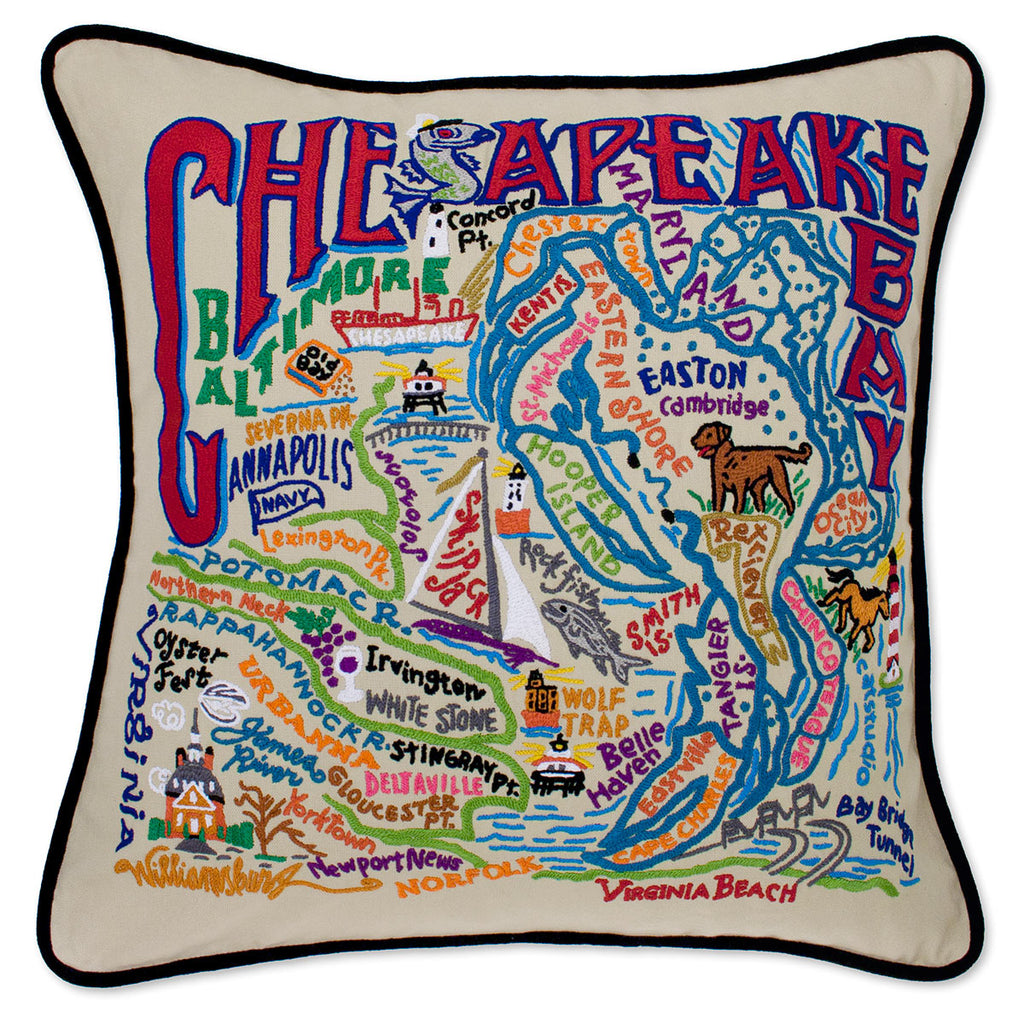 Chesapeake Bay Waterside embroidered throw pillow with coastal scenery.