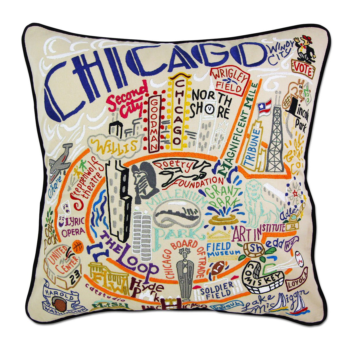 Chicago, IL Windy City hand-embroidered throw pillow with artisan decorative design
