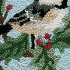 Chickadee Holly Hooked Wool Christmas Throw Pillow, close-up detail