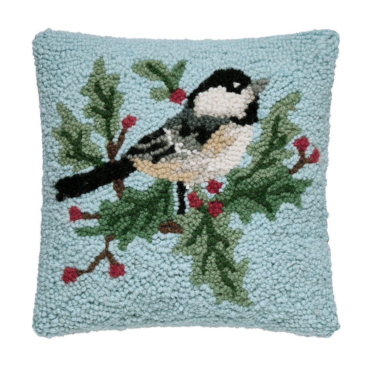 Chickadee Holly Hooked Wool Christmas Throw Pillow, 10x10 inch, front view