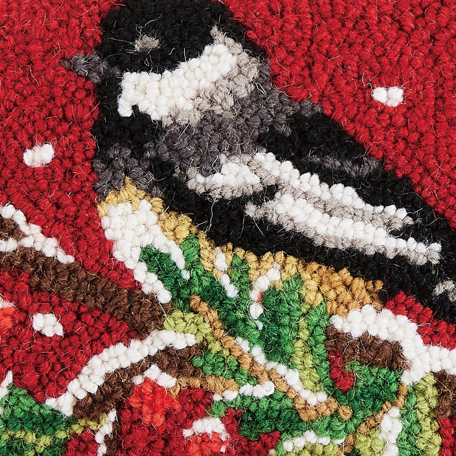 Chickadee on Branch Hooked Wool Christmas Throw Pillow, close-up detail