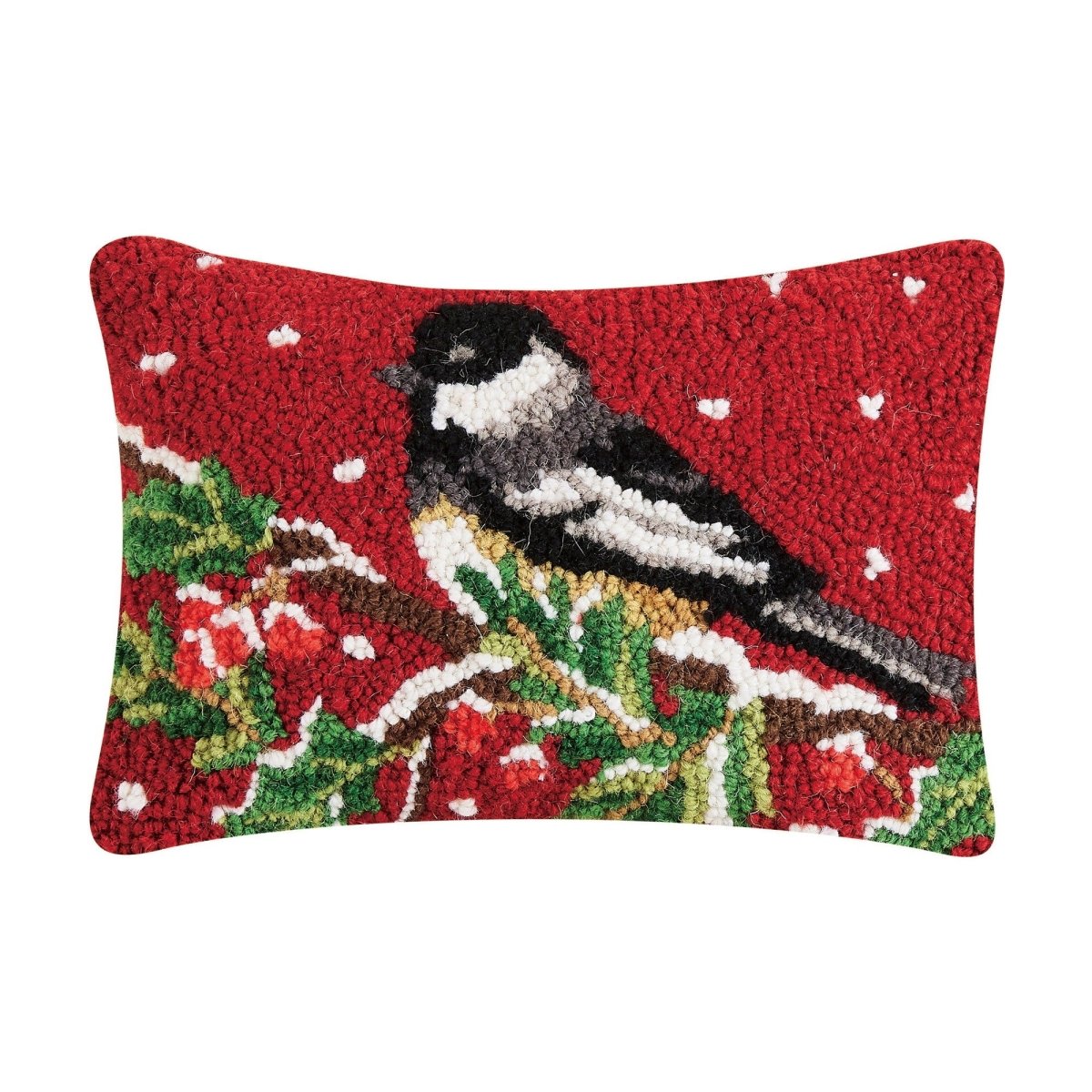 Chickadee on Branch Hooked Wool Christmas Throw Pillow, 8x12 inch, front view