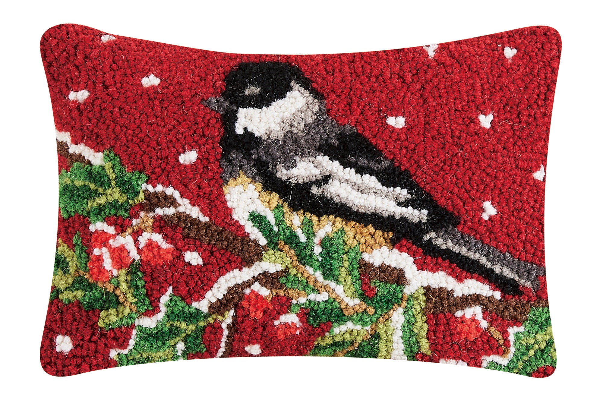 Chickadee on Branch Hooked Wool Christmas Throw Pillow, 8x12 inch, front view